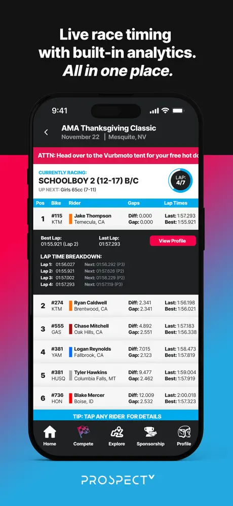Live race timing with built-in analytics in the Prospect app