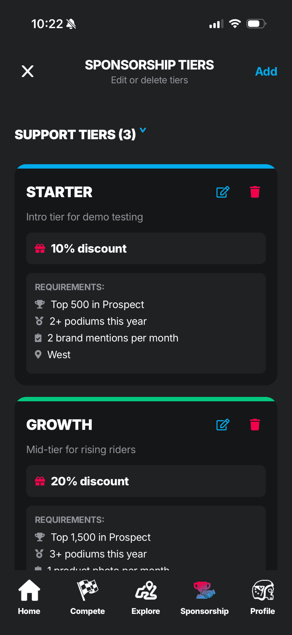 Prospect app sponsorship tiers screen